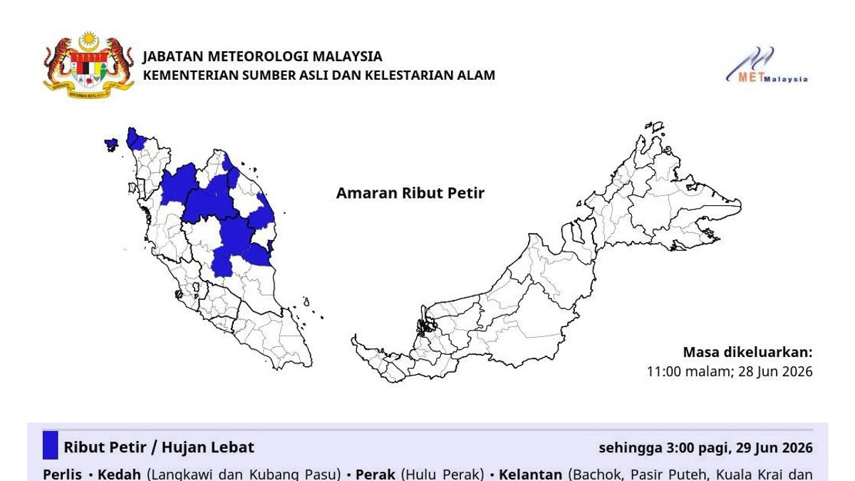 MetMalaysia Warns of Thunderstorms and Heavy Rain Across Six States Through Early Morning