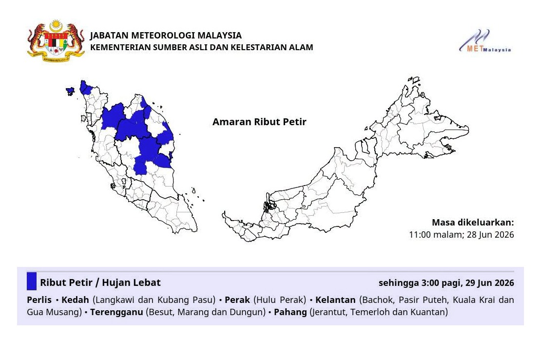 MetMalaysia Warns of Thunderstorms and Heavy Rain Across Six States Through Early Morning