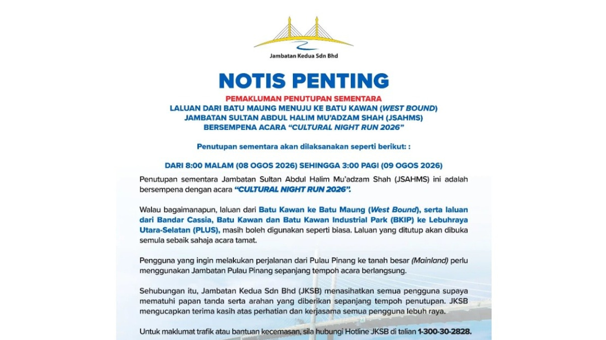 Penang's Second Bridge to Close Westbound Lane for Cultural Night Run 2026